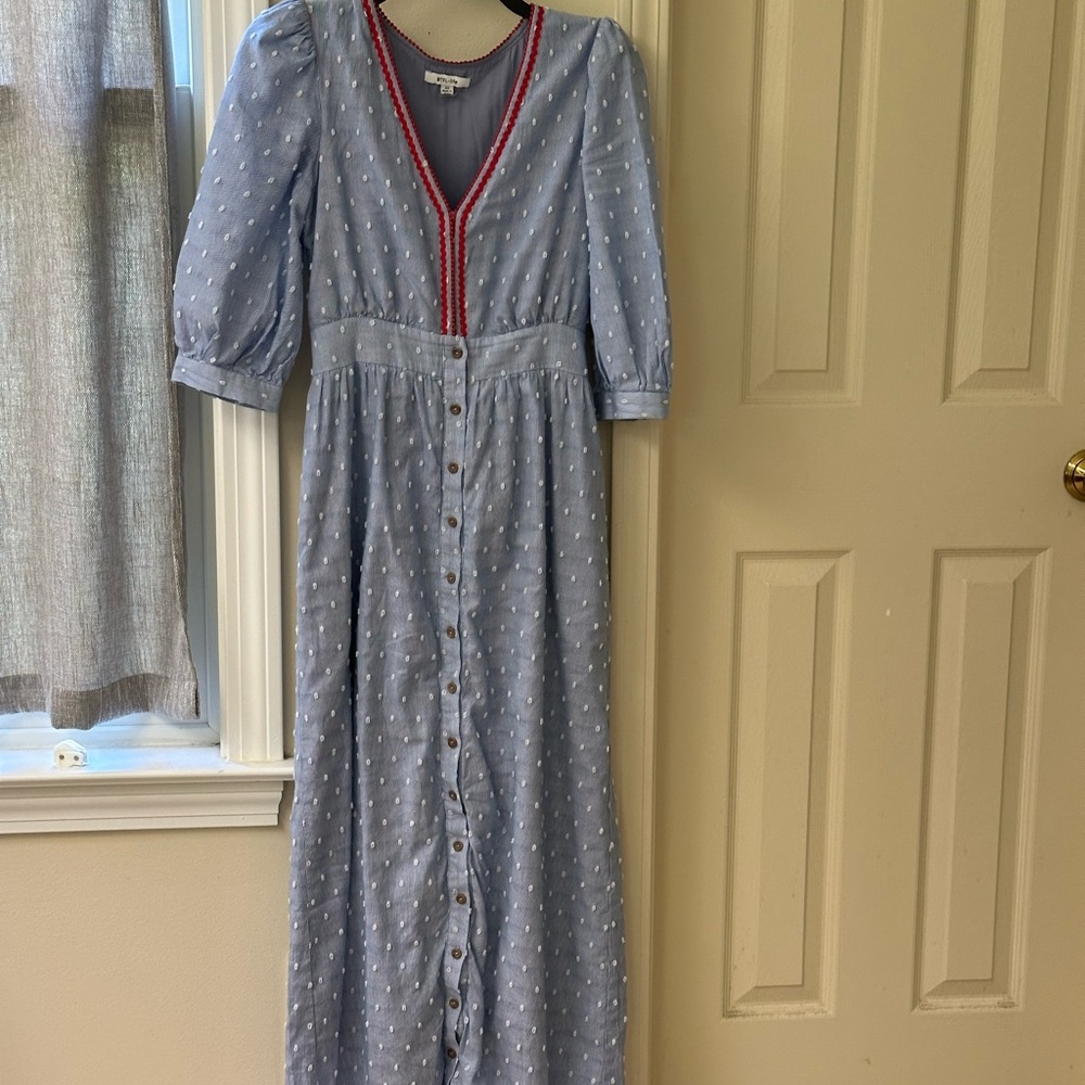 Chic Blue Button-Down Dress with Red Accents